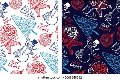Merry christmas and Happy New Year - cute hand drawn doodle pattern background. Seasons Greetings template art.