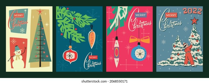 Merry Christmas and Happy New Year 2022 Postcards, Mid Century Modern Greeting Cards Style Illustrations, Posters