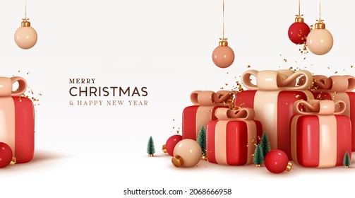 Merry Christmas and Happy New Year background. Pile of red gift boxes with beige bow, handing decorative balls bauble, green pine trees. Holiday banner, web poster, greeting card. vector illustration