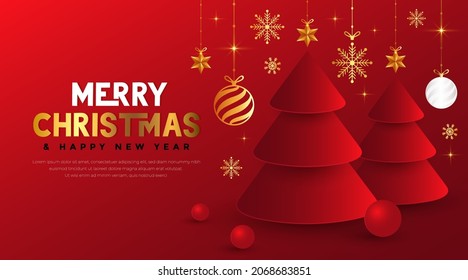 Merry christmas and happy new year with xmas tree on modern red gradient background. Luxury christmas banner template design with snowflake decoration, stars, gold balls hanging on ribbon
