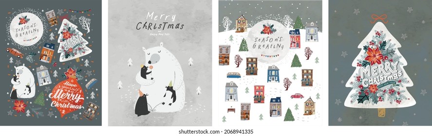 Merry Christmas and Happy New Year! Vector cute illustration of a festive Christmas tree, Christmas tree toys, polar bear with penguins, winter city. Drawings for card, poster or background