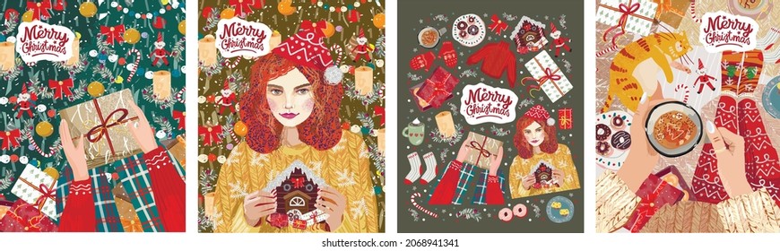 Merry Christmas And Happy New Year! Vector Illustrations Of Holiday, Christmas Tree, Gifts, Santa Claus Woman And Cozy Still Life. Drawings For Card, Poster Or Background