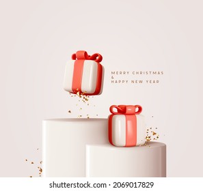 Merry Christmas and Happy new year. Realistic holiday design Two gift boxes are falling, on round stage platform, advertising studio podium. Festive Xmas background with white gifts box. Light banner.