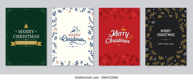 Merry Christmas and Happy New Year greeting cards and invitations. Happy holiday frames and backgrounds design. 