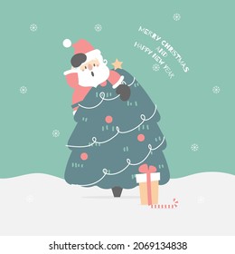 merry christmas and happy new year with cute santa claus and christmas tree pine in the winter season green background, flat vector illustration cartoon character costume design
