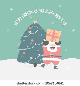 merry christmas and happy new year with cute santa claus and christmas tree pine in the winter season green background, flat vector illustration cartoon character costume design