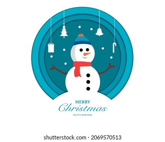Merry Christmas Happy New Year With Snowman In Paper Style