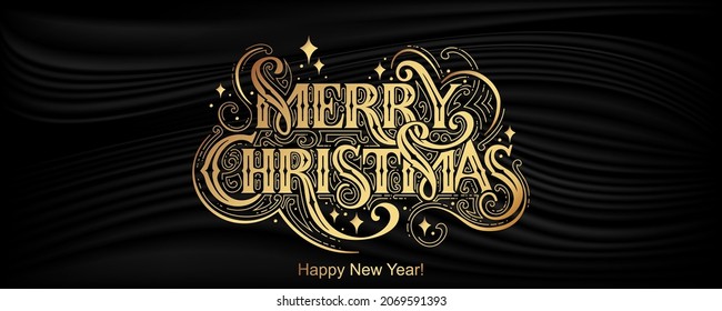 Merry Christmas and Happy New Year hand lettering calligraphy. Vector holiday illustration element. Typographic element for congratulations.