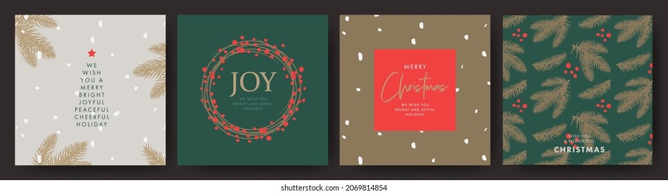 Merry Christmas and Happy New Year Set of greeting cards, posters, holiday covers. Elegant Xmas design in green, red and gold colors with hand drawn fir branches, Christmas wreath, brush painted snow 