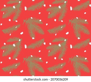 Merry Christmas and Happy New Year greeting card, paper, holiday cover. Elegant Xmas seamless pattern with hand drawn golden fir branches and brush painted white falling snow on bright red background