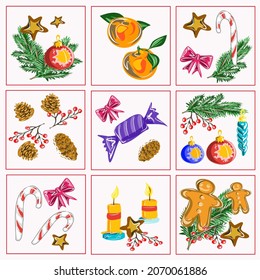 Merry Christmas and a Happy New Year design for banner, frame. Christmas ginger bread, candles, lollipops, tree branches, tree toys, oranges, gifts. Isolated vector objects.