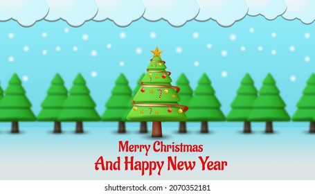 merry christmas and happy new year with pine tree landscape 3d