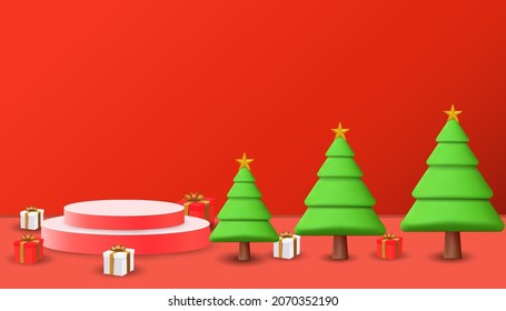 merry christmas and happy new year background with christmas tree 3D, gift boxes 3D, and podium 3D. christmas 3D background with copy space area