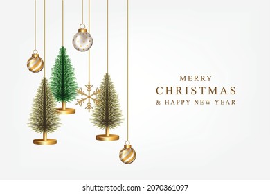 Merry Christmas and Happy New Year design with realistic pine trees golden snowflakes decorative