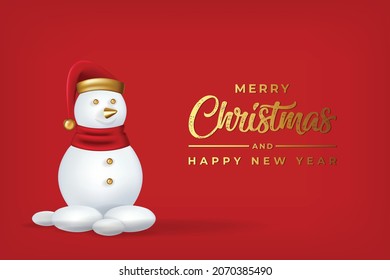 Merry Christmas and happy new year design with cute realistic snowman