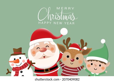 Merry Christmas and happy new year greeting card with cute Santa Claus, little elf, snowman and deer. Holiday cartoon character in winter season. -Vector