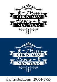 Merry Christmas, Happy New Year lettering logo design. Holiday wishes in black and white color