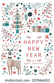 Merry christmas and happy new year, celebration of special event. Pine tree and presents, boxes and flowers, reindeer. Xmas postcard, card with greetings for winter holidays. Vector in flat style
