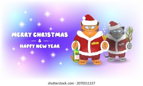 Merry Christmas and Happy New Year. Bright greeting card with a fat cheerful ginger puss with the numbers 2022 and a dark sad cat 2021. Bottle and glass of champagne. A withered branch of a spruce