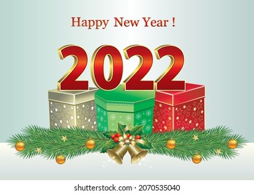 Merry Christmas and Happy New Year 2022. Christmas background with multicolored gift boxes decorated with fir branches, balls and bells. Xmas present. Vector illustration