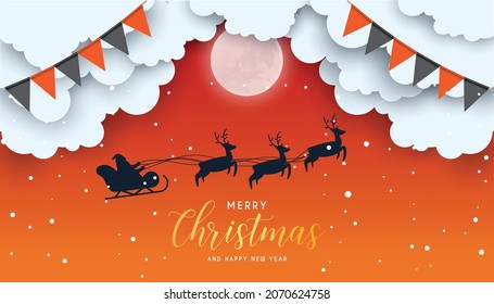 Merry Christmas and Happy New Year night for greeting card. clouds, gift box, ball, stars and snowfall.
