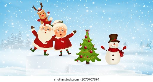 Feliz Navidad. Feliz año nuevo. Santa Claus con la Sra. Claus, reno, muñeco de nieve en el paisaje navideño de invierno de la nieve. Sra. Claus Juntos. Caricatura vectorial de Santa Claus. 