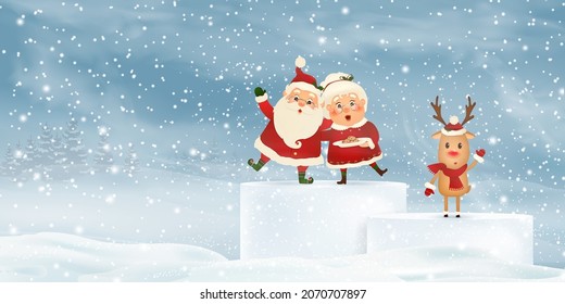 Feliz Navidad. Feliz año nuevo. Santa Claus con la Sra. Claus, reno en el paisaje navideño de invierno de la nieve. Sra. Claus Juntos. Caricatura vectorial de Santa Claus. 