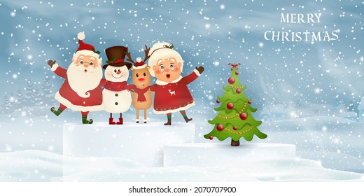 Feliz Navidad. Feliz año nuevo. Santa Claus con la Sra. Claus, reno, muñeco de nieve en el paisaje navideño de invierno de la nieve. Sra. Claus Juntos. Caricatura vectorial de Santa Claus. 