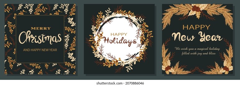 Merry Christmas and Happy new year greeting cards. Modern creative square templates with Christmas plants. Vector illustration