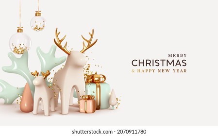 Merry Christmas and Happy New Year winter festive composition. Xmas background realistic 3d decorative design objects, big and small deer, gift boxes, snowy trees, gold confetti. Vector illustration