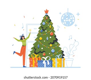 Merry Christmas and Happy New Year Celebration in Office or Club. Cheerful Woman in Deer Horns Hat Celebrate Xmas Party in Office Dancing at Decorated Tree with Gift Boxes. Cartoon Vector Illustration