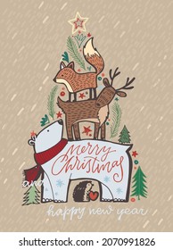 Merry Christmas and happy new year - cute postcard. Holiday poster. Winter card. Lettering label for poster, banner, web, sale, t-shirt design. Classic retro symbol. New year holiday greeting card. Ve