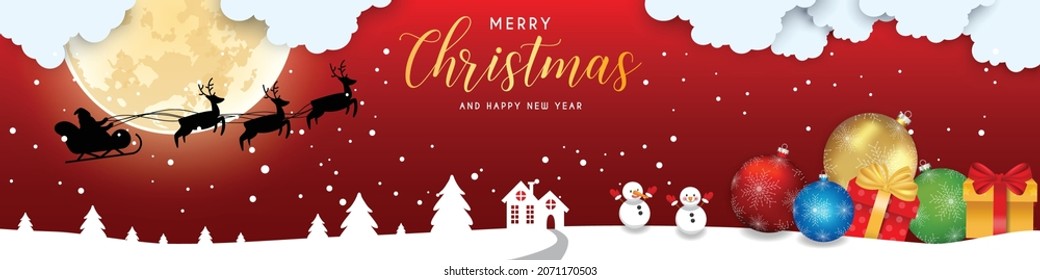 Merry Christmas and Happy New Year night for greeting card. moon in clouds, stars and snowfall. Santa Claus and reindeers silhouette on moon background. Cute and unusual vector design.