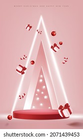 Merry Christmas and happy new year banner with red product display cylindrical shape and christmas tree paper cut and art shadow Light festive decoration