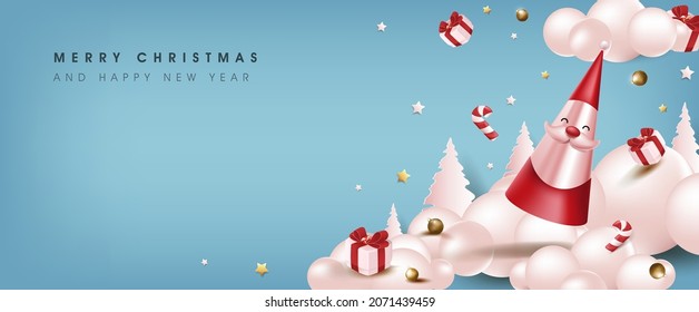 Merry Christmas and happy new year poster banner with santa claus and winter festive decoration 