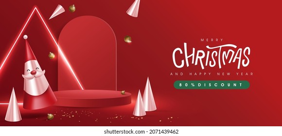 Merry Christmas and happy new year promotion sale banner with santa claus festive decoration and copy space product display cylindrical shape