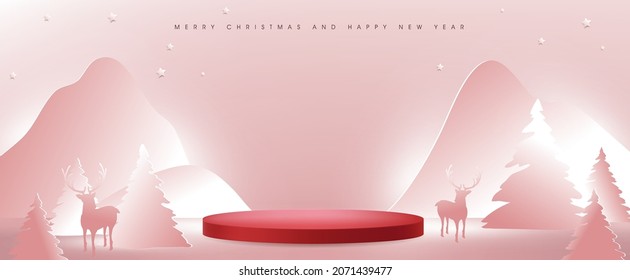 Merry Christmas and happy new year banner with red product display cylindrical shape and christmas  landscape paper cut and art shadow Light