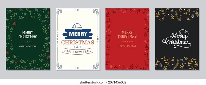 Merry Christmas and Happy New Year greeting cards and invitations. Happy holiday frames and backgrounds design. 