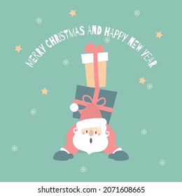 merry christmas and happy new year with cute santa claus and present gift in the winter season green background, flat vector illustration cartoon character costume design