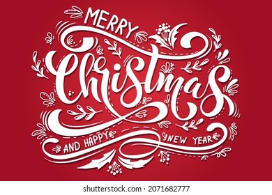 Merry Christmas and Happy New Year hand lettering calligraphy. Vector holiday illustration element. Typographic element for congratulations.