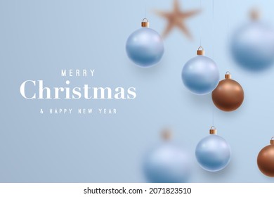 Merry Christmas and Happy New Year light blue background. Realistic hanging balls and star. Christmas balls motion blur effect. Template for banner, web sites, party invitation, sale and social media.