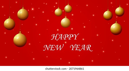 Merry Christmas Happy New Year 2022, Celebration Holiday Banner. Yellow christmas balls on red background.