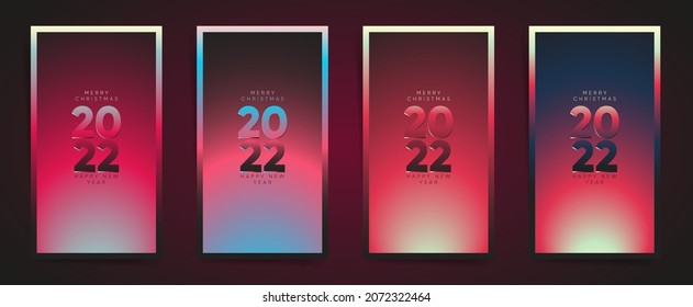 Merry Christmas and Happy New Year 2022 greeting card. Modern futuristic template for 2022. Tech, sci fi, design with glowing and blurred gradients. Business technology concept. Pink, blue, red colors