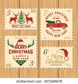 Merry Christmas and Happy New Year 2022 retro postage stamp with Santa Claus, Christmas tree, gifts, pickup and reindeer. Vector illustration.