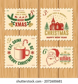 Merry Christmas and Happy New Year 2022 retro postage stamp with Santa Claus, Christmas tree, gifts, church, mug of hot chocolate and reindeer. Vector illustration.