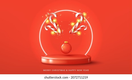 Merry Christmas and Happy New Year banner. Vector illustration with candy canes, Christmas red ball, sparkling garlands and confetti on red podium with neon circle on background.