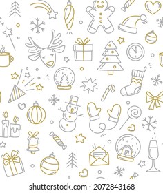 Merry Christmas Happy New Year seamless background pattern. Vector illustration doodles, thin line art sketch icons style concept