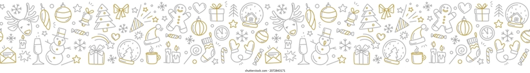 Merry Christmas Happy New Year seamless background pattern. Vector illustration doodles, thin line art sketch icons style concept