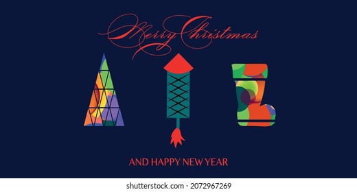 Merry Christmas and Happy New Year. Christmas card with colorful X-mas elements. decorative Christmas ornaments 