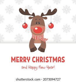 Merry Christmas and Happy New Year Postcard. Vector Christmas Cute and Funny Reindeer with Christmas Balls on the Horns. Design Template. Cartoon Kids Character